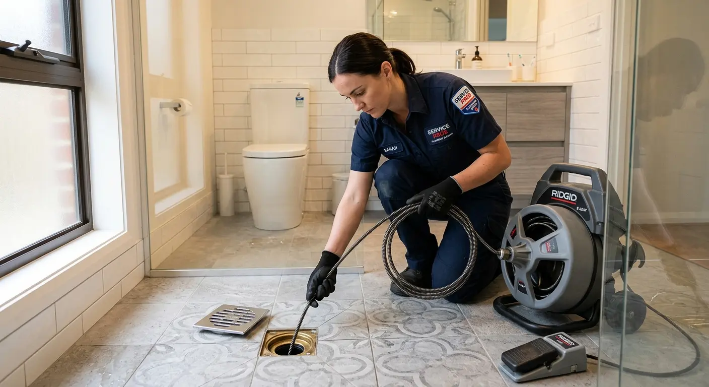 Technician clearing a bathroom floor drain for Hydro Jetting in Lebanon